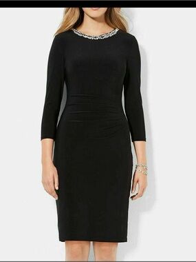 Ralph Lauren Black Midi Sheath Dress with Jeweled Neckline